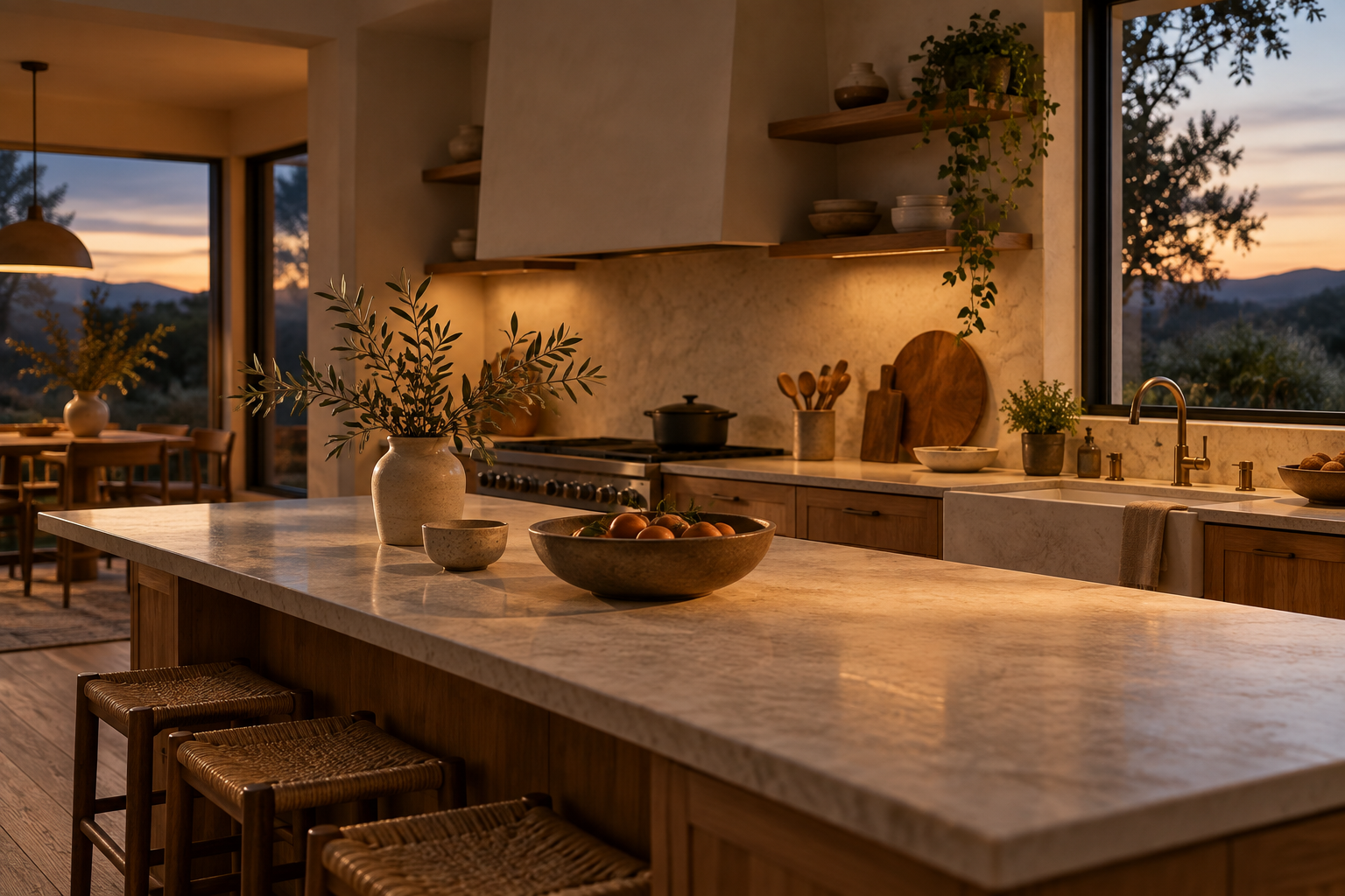 A warm oak kitchen in the soft light of dusk